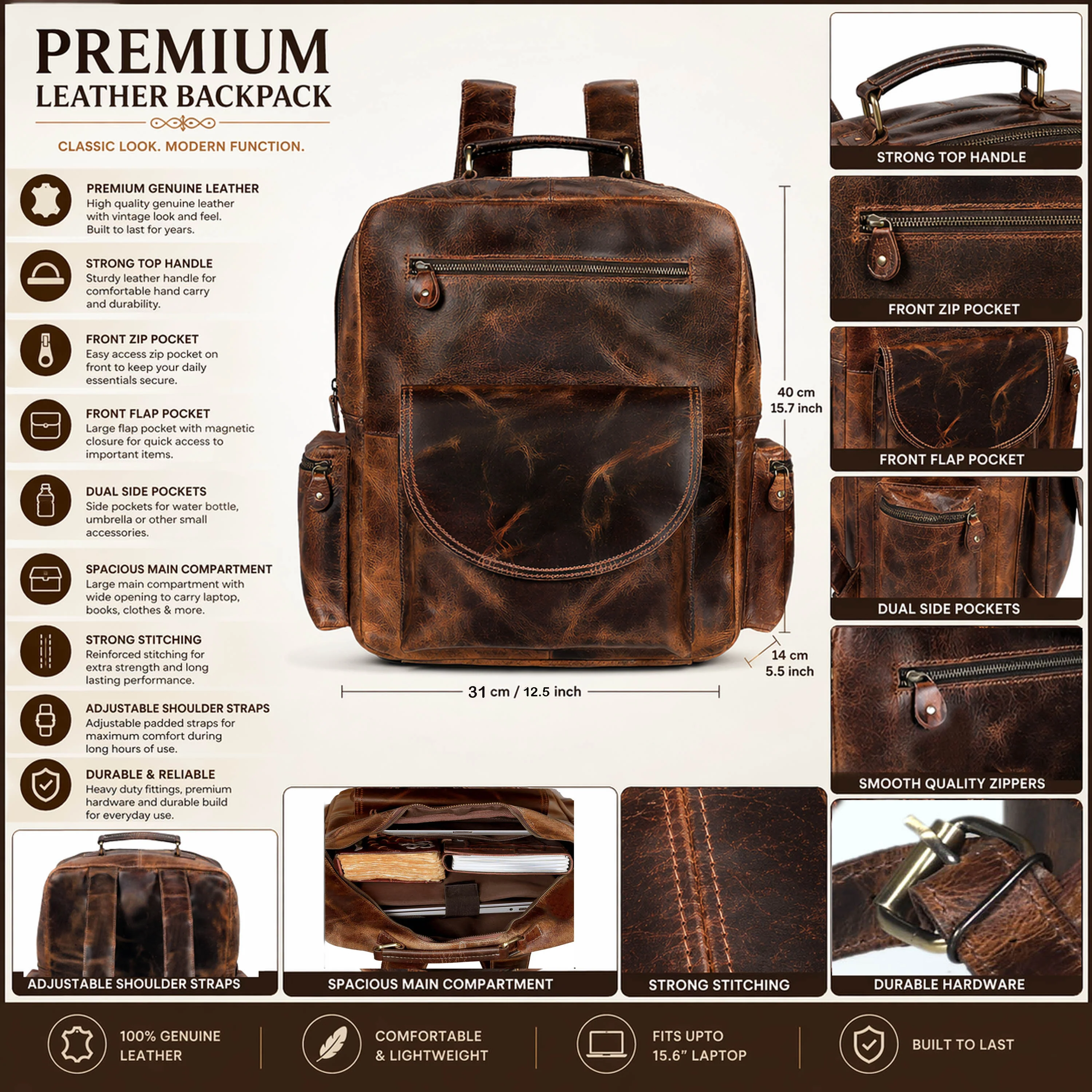 Full Grain Buffalo Leather Backpack - Image 5