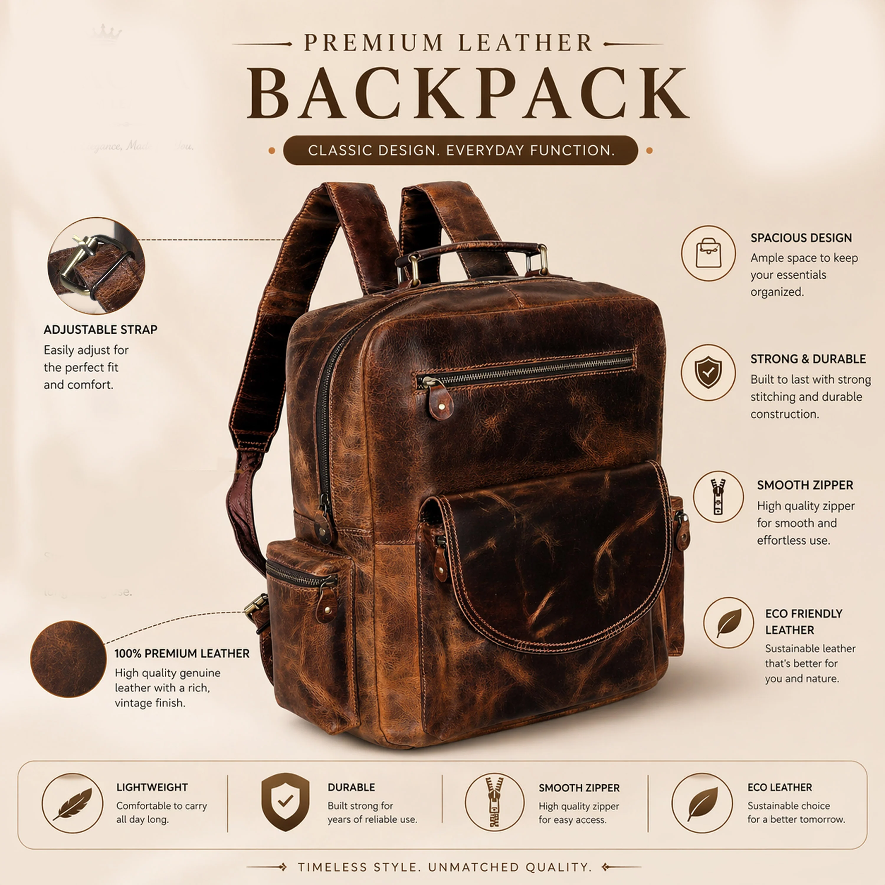 Full Grain Buffalo Leather Backpack - Image 8